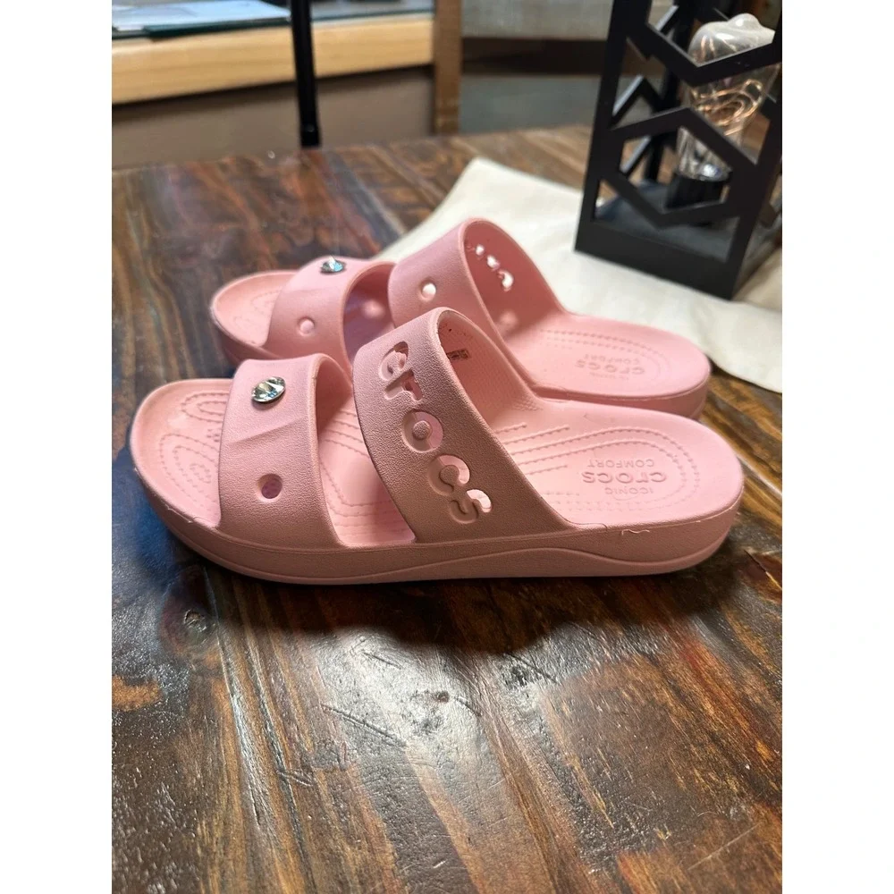 Crocs Classic Platform Sandal Pink Double Strap Rhinestone Slides Womens 8